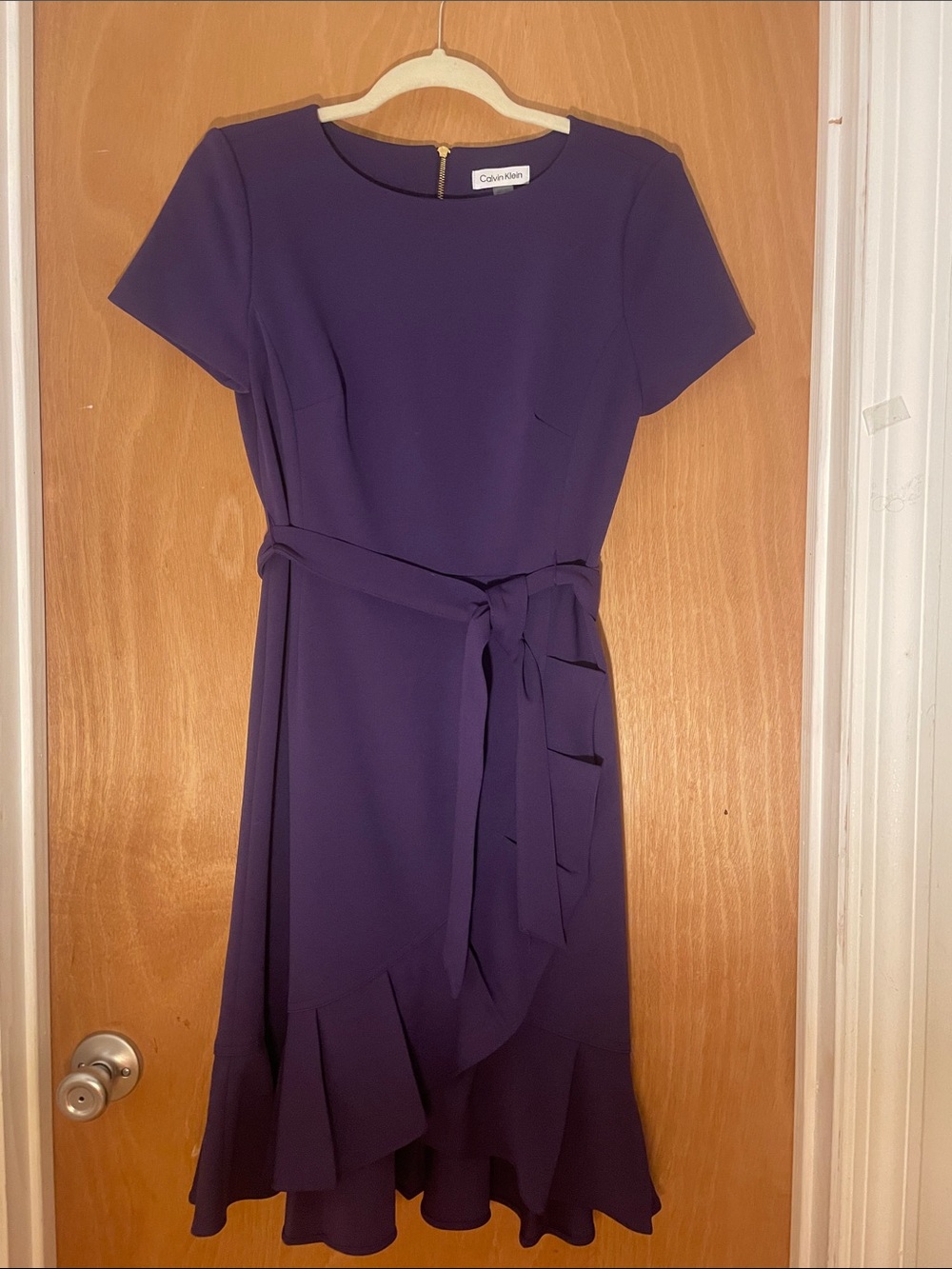 Calvin Klein Dark Purple Short Sleeve Belted Midi Dress